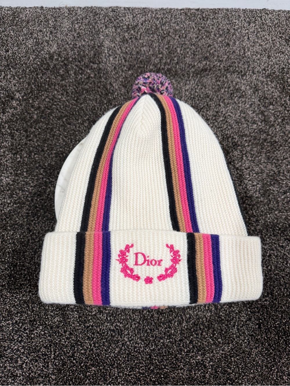 Dior Striped Wool Knitted Beanie PomPom Hat